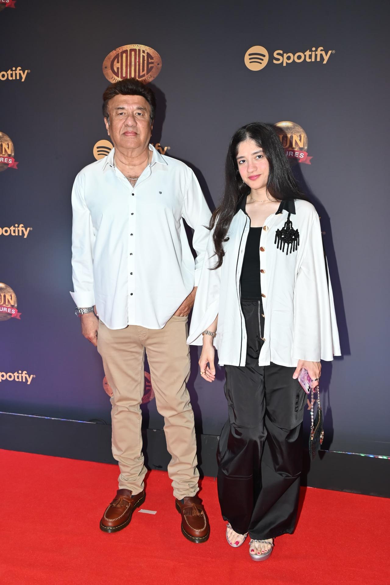 Anu Malik was spotted arriving for the music event of Coolie with his daughter Anmol Malik. 